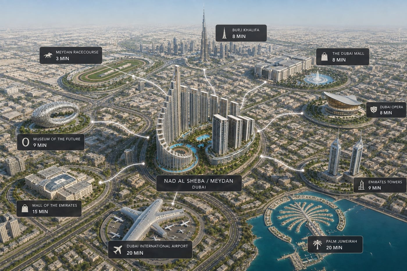 Location map — Nad Al Sheba / Meydan, Dubai with nearby destinations and travel times