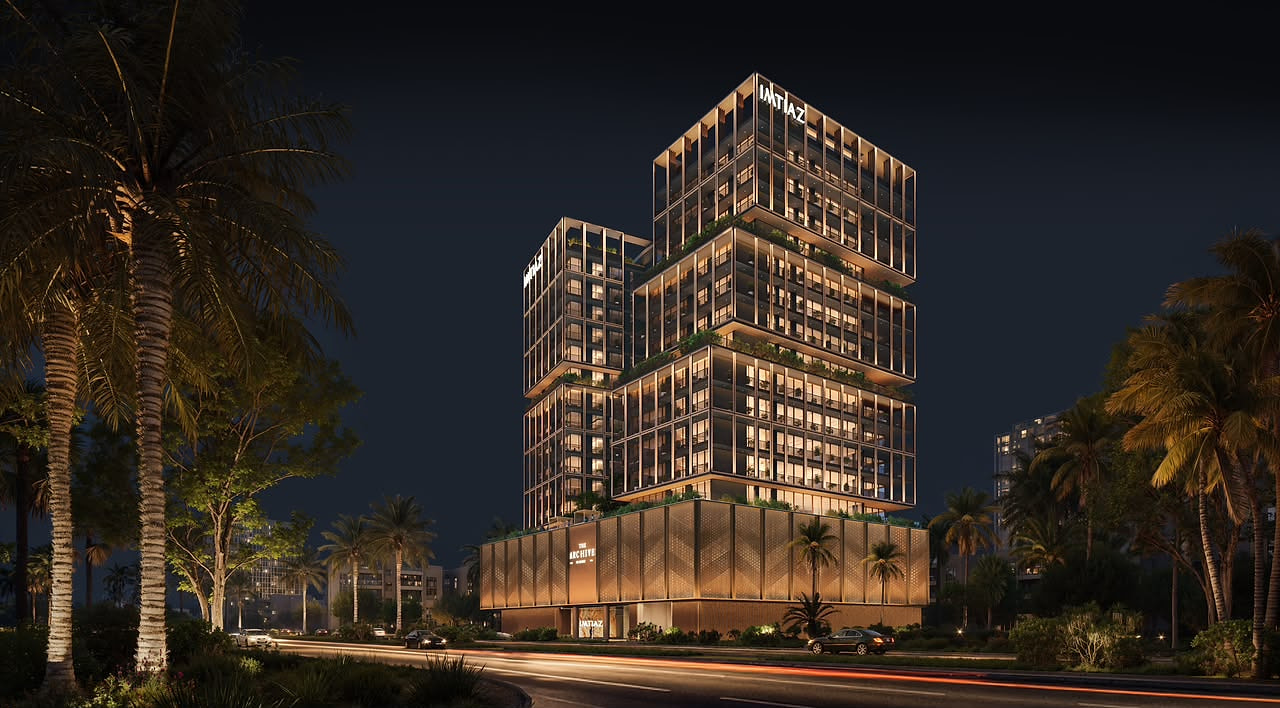 The Archive by Imtiaz night façade on Sheikh Mohammed Bin Zayed Road, Dubai