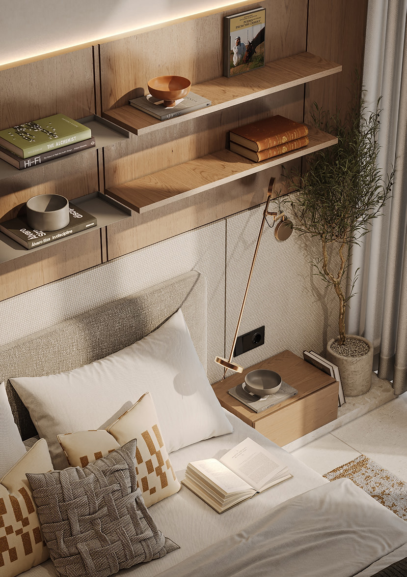 Bedside built-in shelving detail at The Archive by Imtiaz