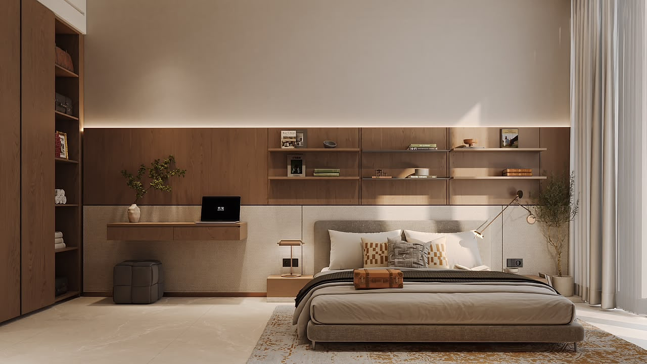 Bedroom suite with built-in bookshelving at The Archive by Imtiaz