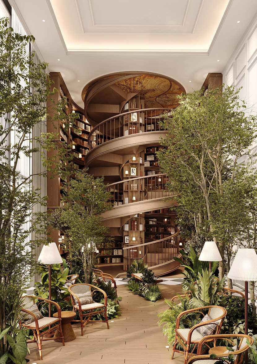 10,000-book library atrium at The Archive by Imtiaz