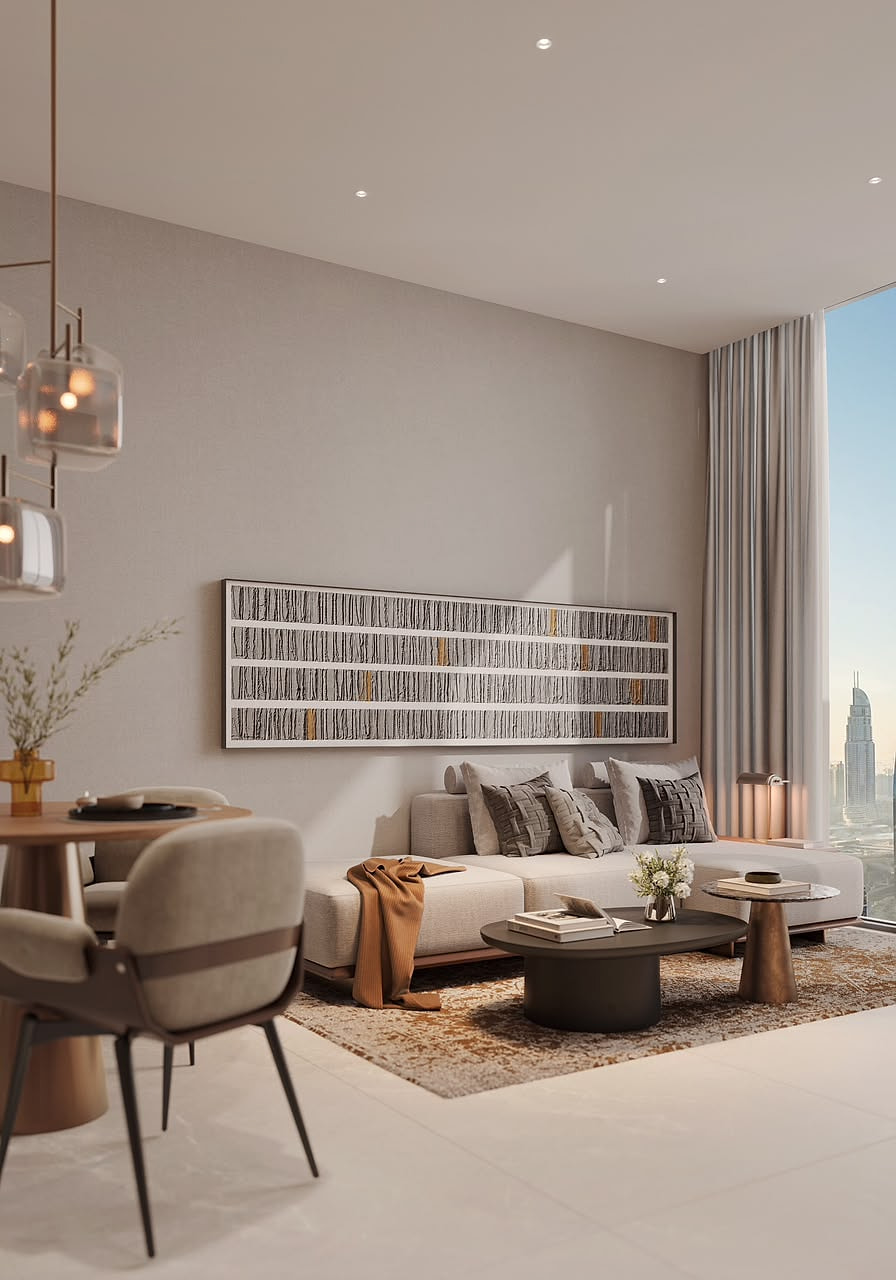 Living room with city views at The Archive by Imtiaz