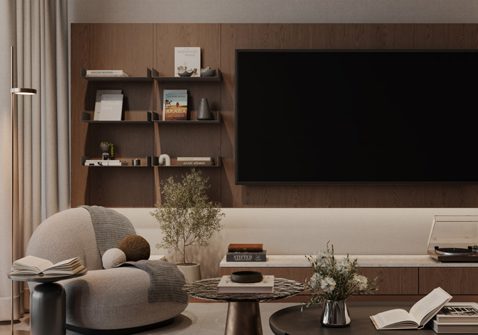 Living room with built-in shelving and media wall at The Archive by Imtiaz